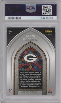 Aaron Rodgers from the 2017 Panini Prizm set graded by PSA and given an overall grade of 9.
