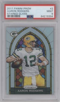 Aaron Rodgers from the 2017 Panini Prizm set graded by PSA and given an overall grade of 9.