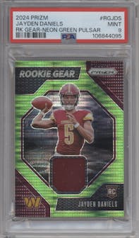 Jayden Daniels from the 2024 Panini Prizm set featuring a Neon Green Pulsar parallel graded by PSA and given an overall grade of 9.