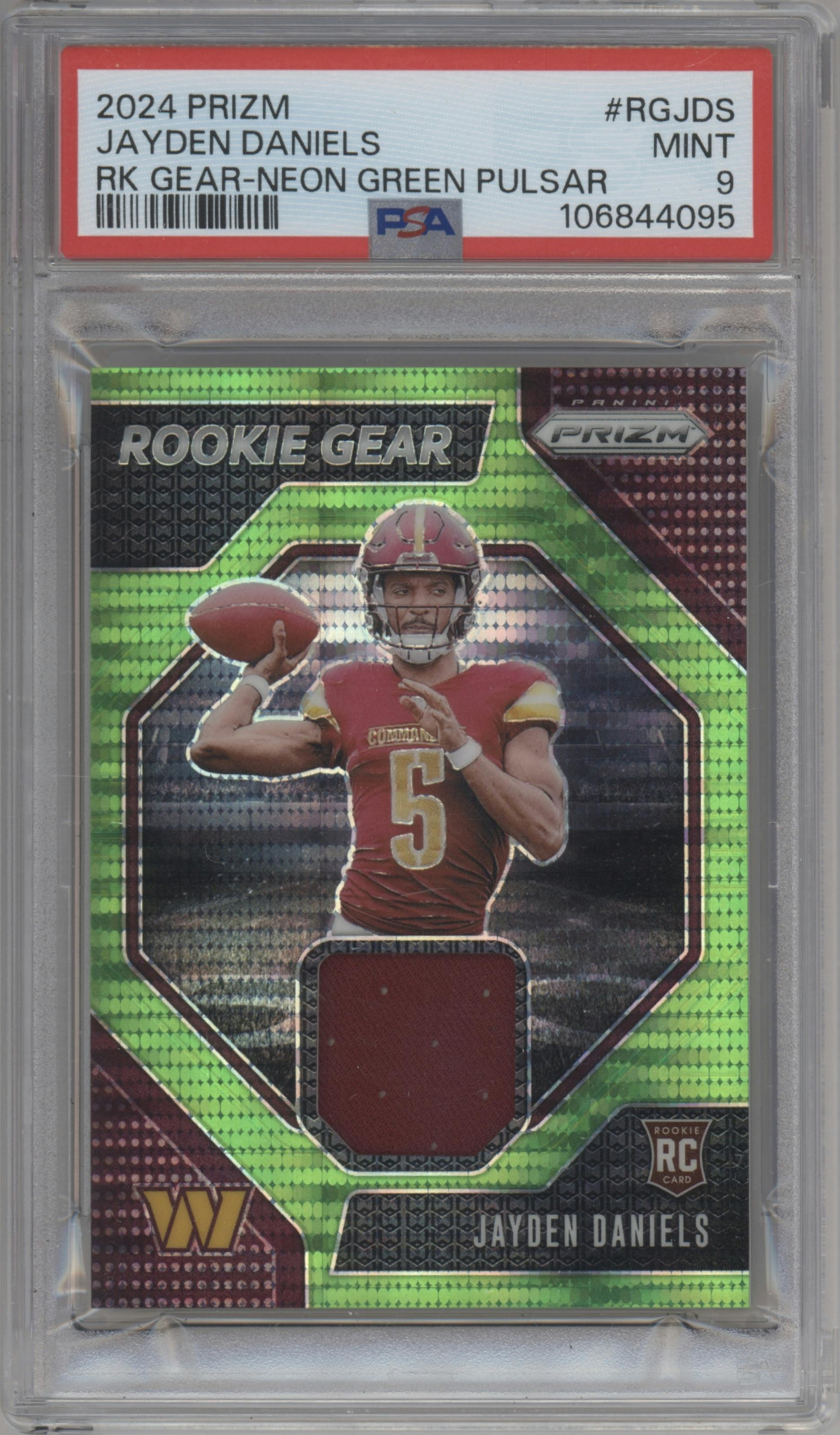 Jayden Daniels from the 2024 Panini Prizm set featuring a Neon Green Pulsar parallel graded by PSA and given an overall grade of 9.