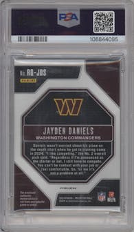 Jayden Daniels from the 2024 Panini Prizm set featuring a Neon Green Pulsar parallel graded by PSA and given an overall grade of 9.