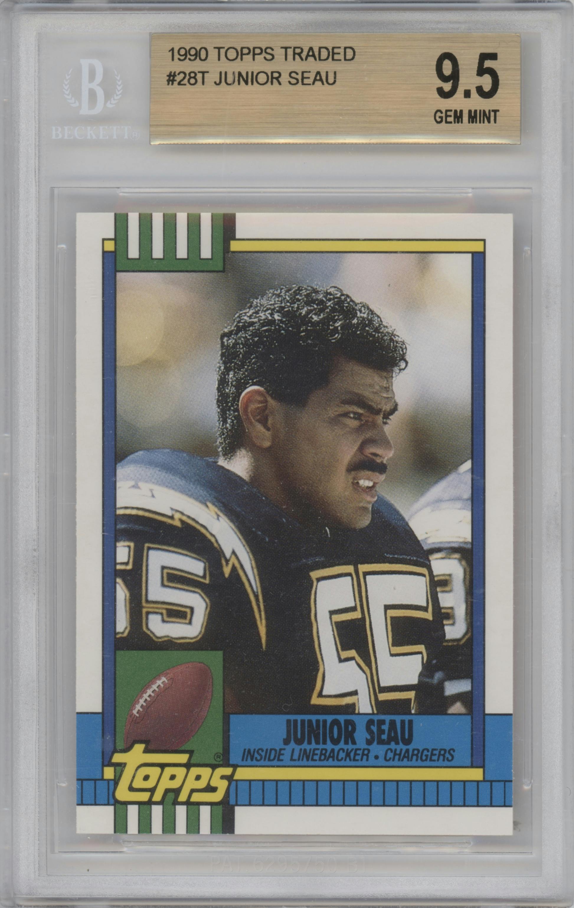 Junior Seau from the 1990 Topps Traded set graded by Beckett and given an overall grade of 9.5.