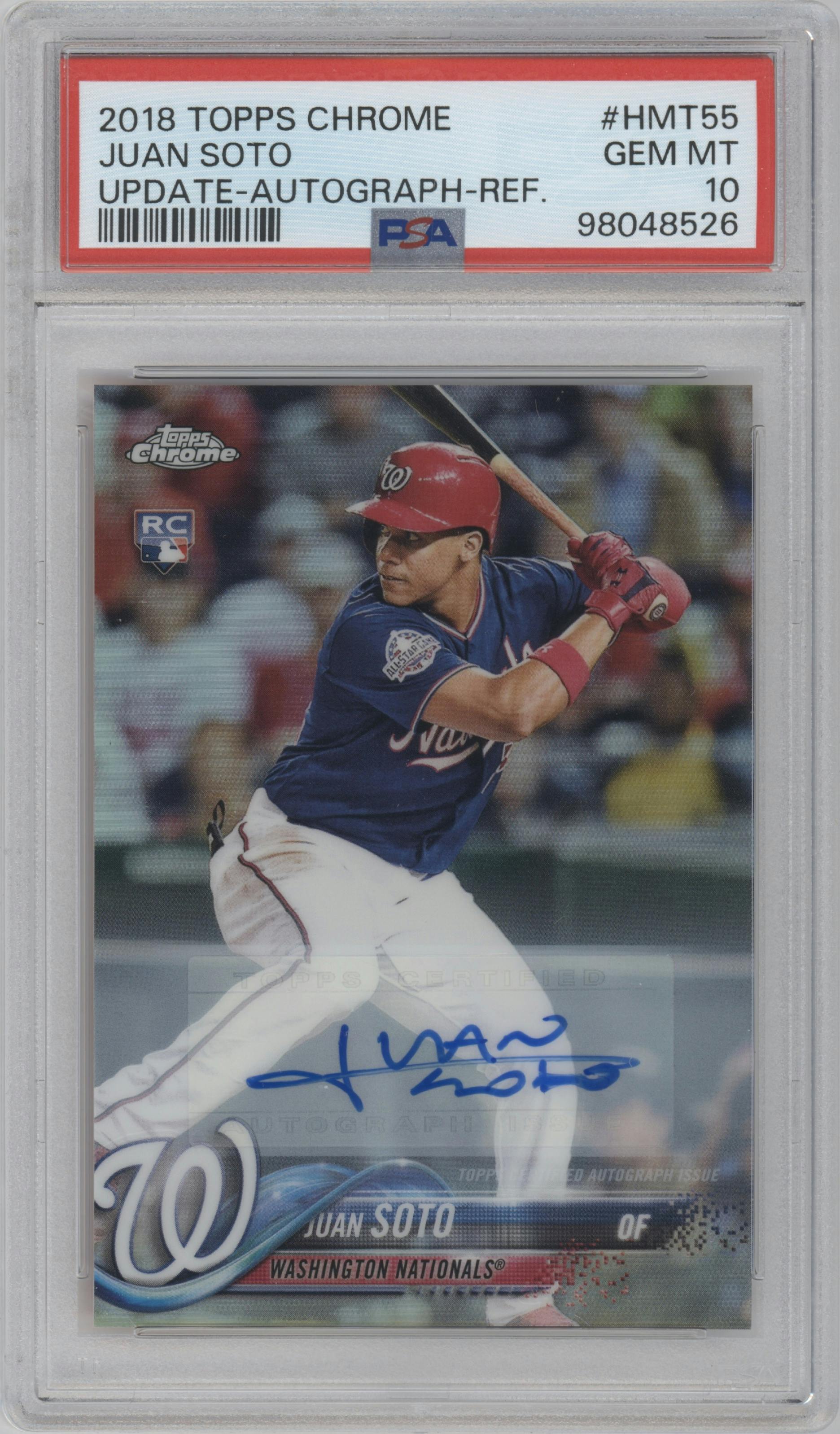 Juan Soto from the 2018 Topps Chrome Update  set featuring a Refractor parallel graded by PSA and given an overall grade of 10.