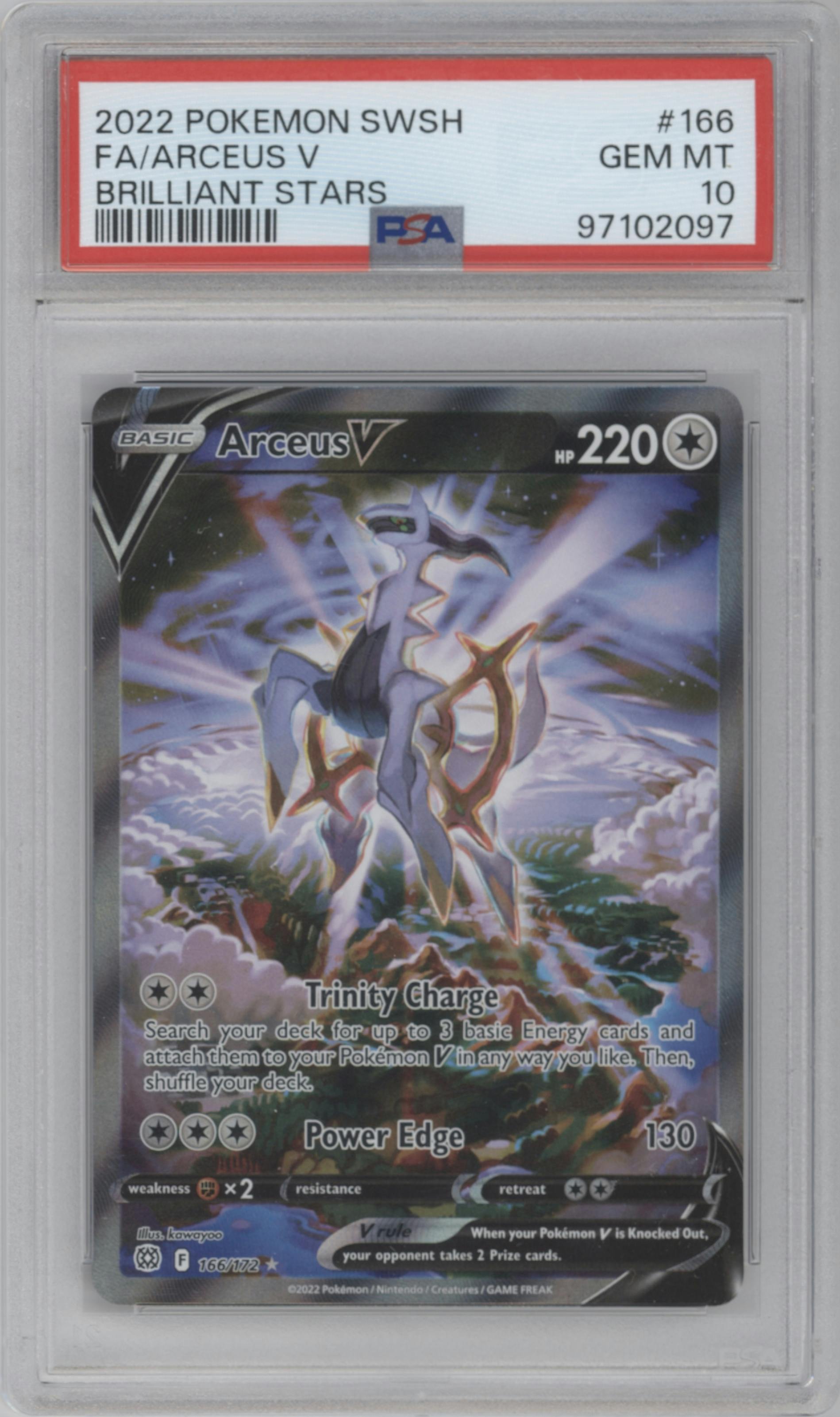 Arceus V from the 2022 Pokemon SWSH set graded by PSA and given an overall grade of 10.
