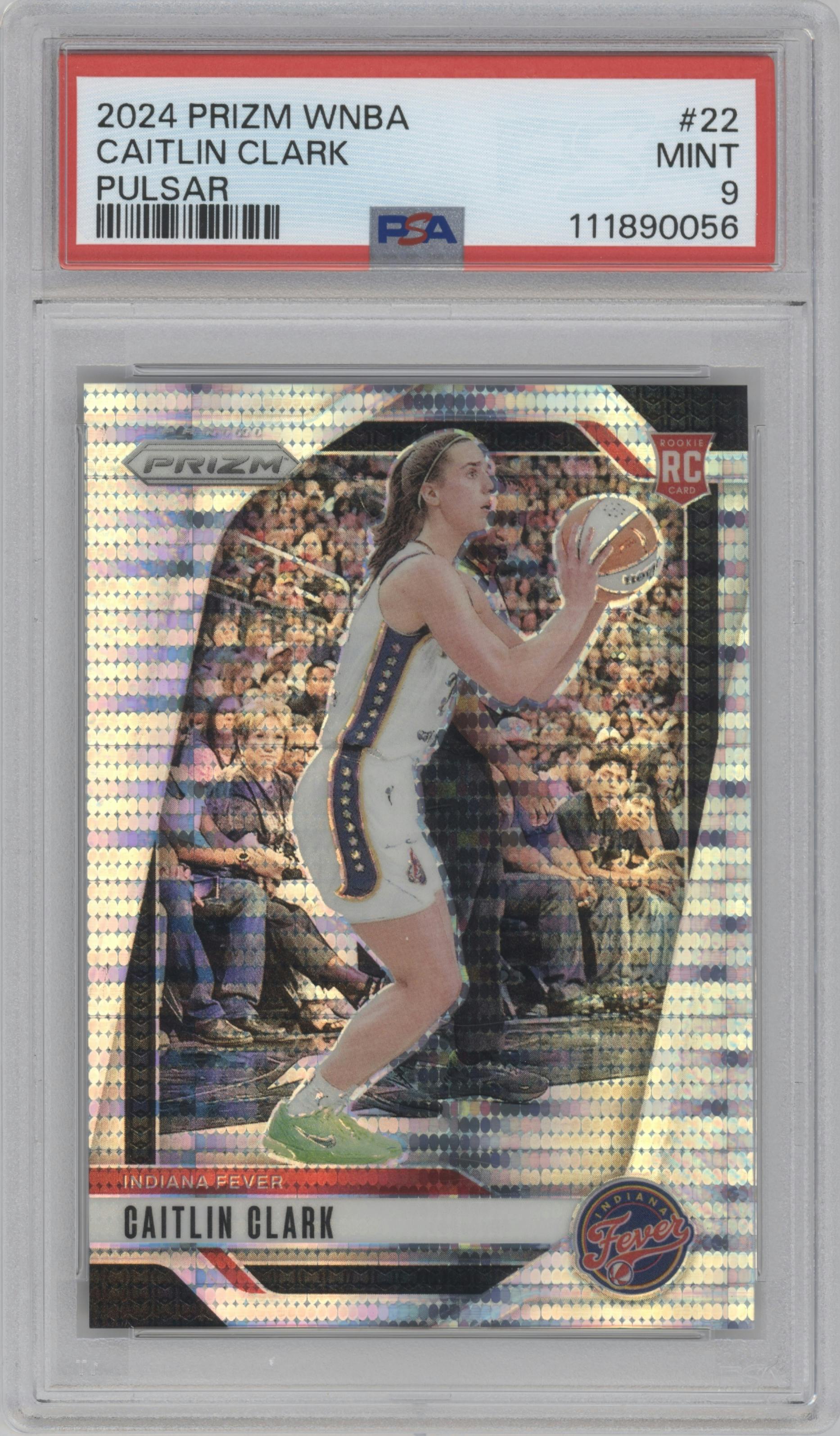 Caitlin Clark from the 2024 Panini Prizm WNBA set featuring a Pulsar parallel graded by PSA and given an overall grade of 9.