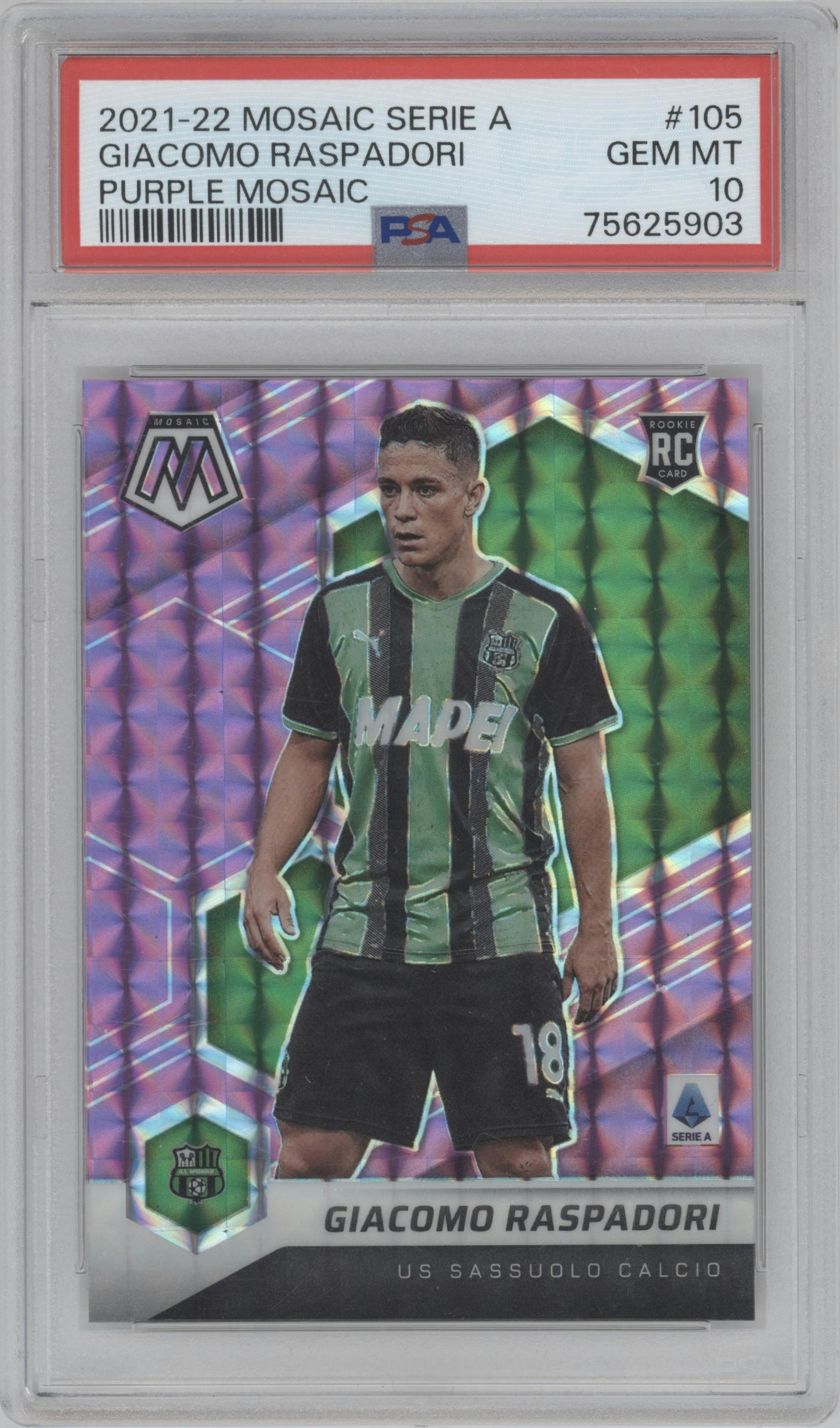 Giacomo Raspadori from the 2021-22 Panini Mosaic Serie A set featuring a Purple Mosaic parallel graded by PSA and given an overall grade of 10.