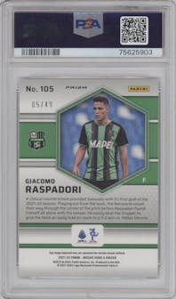 Giacomo Raspadori from the 2021-22 Panini Mosaic Serie A set featuring a Purple Mosaic parallel graded by PSA and given an overall grade of 10.