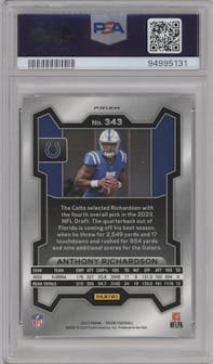 Anthony Richardson from the 2023 Panini Prizm set featuring a Black/White Checker parallel graded by PSA and given an overall grade of 10.