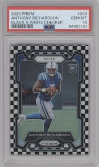Anthony Richardson from the 2023 Panini Prizm set featuring a Black/White Checker parallel graded by PSA and given an overall grade of 10.
