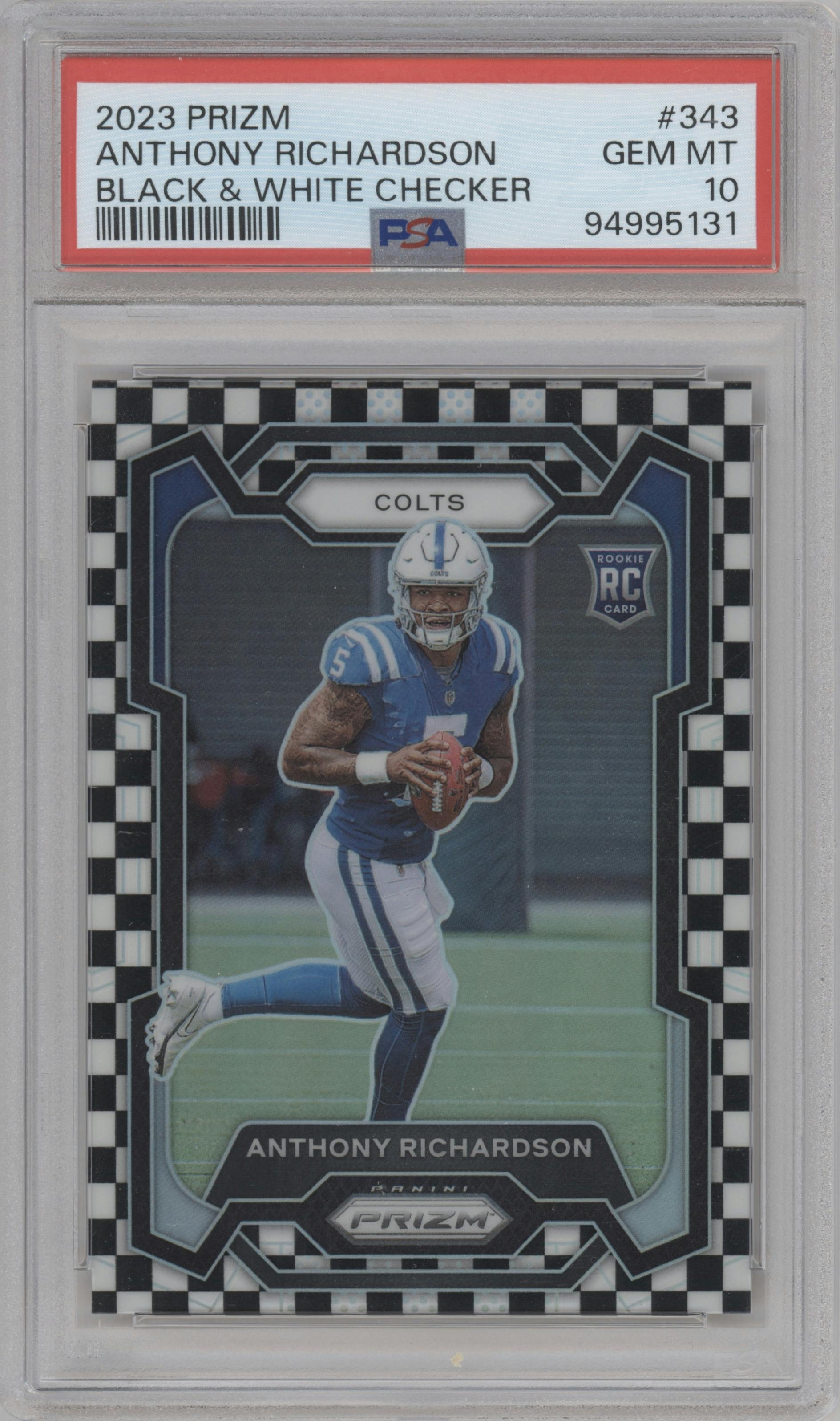 Anthony Richardson from the 2023 Panini Prizm set featuring a Black/White Checker parallel graded by PSA and given an overall grade of 10.