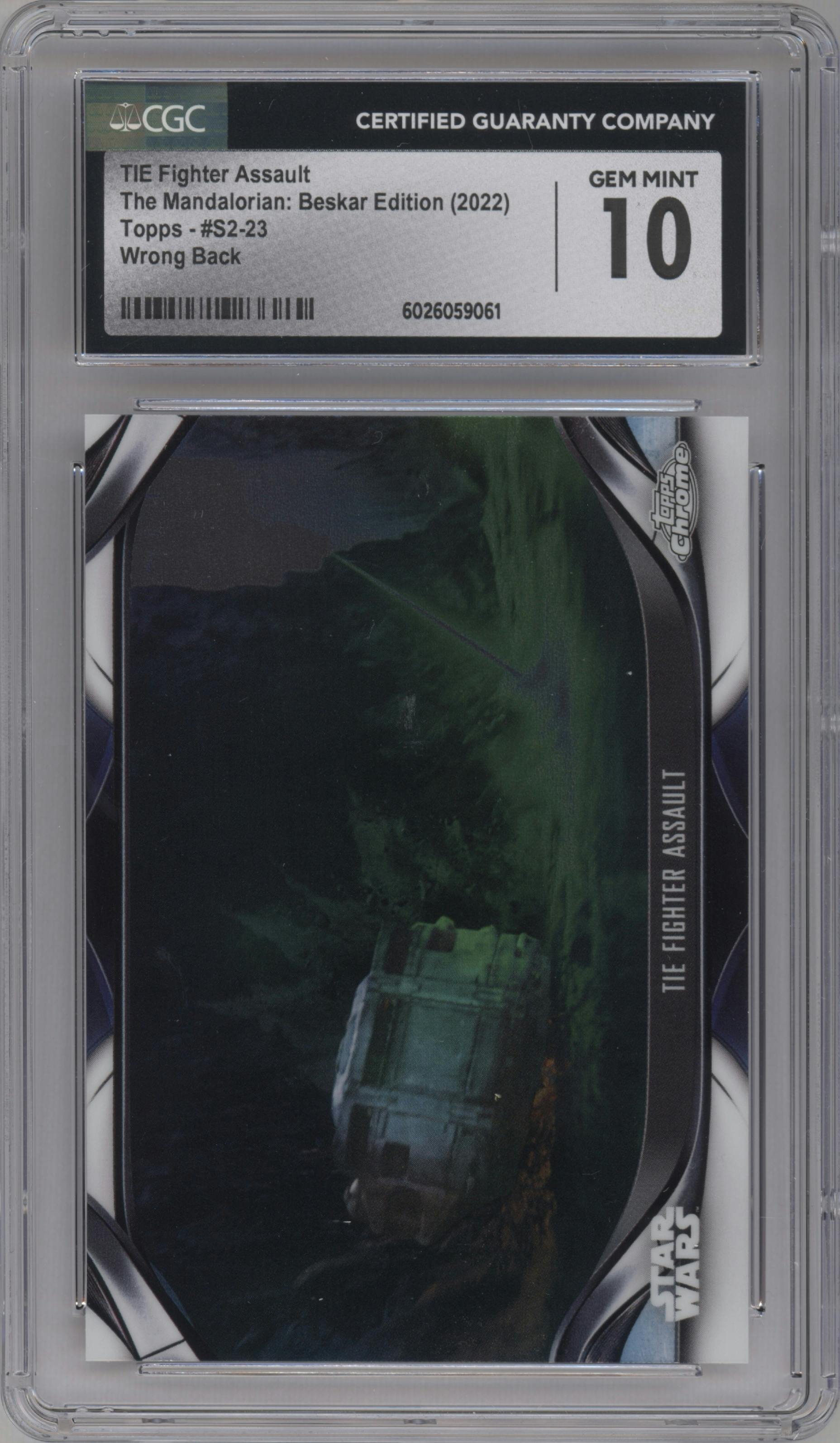 TIE Fighter Assault from the 2022 Topps Chrome Star Wars The Mandalorian Beskar Edition set featuring a Wrong Back parallel graded by CSG and given an overall grade of 10.