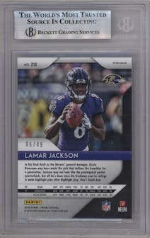 Lamar Jackson from the 2018 Panini Prizm set featuring a Purple Power parallel graded by Beckett and given an overall grade of 9.
