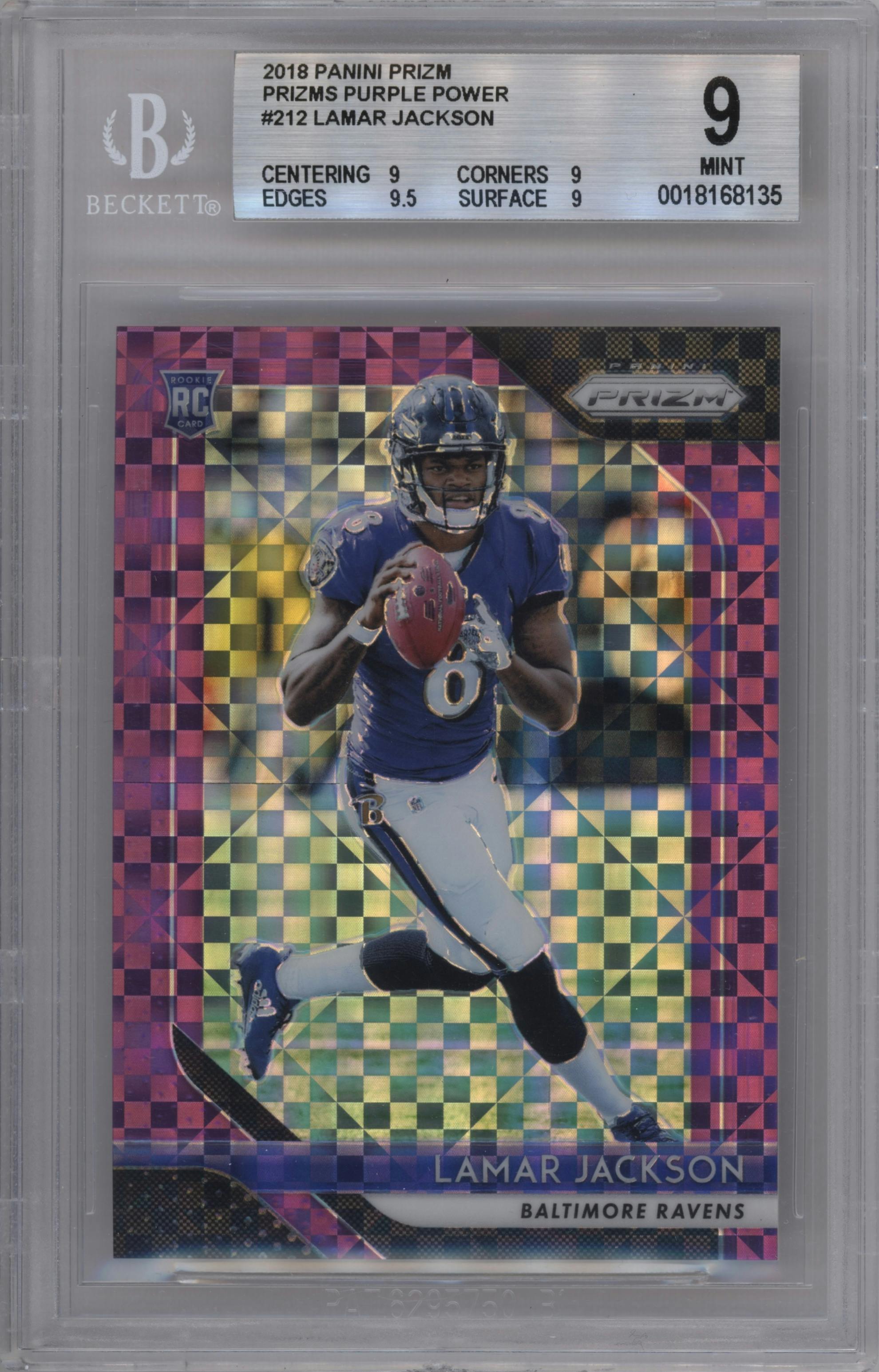 Lamar Jackson from the 2018 Panini Prizm set featuring a Purple Power parallel graded by Beckett and given an overall grade of 9.