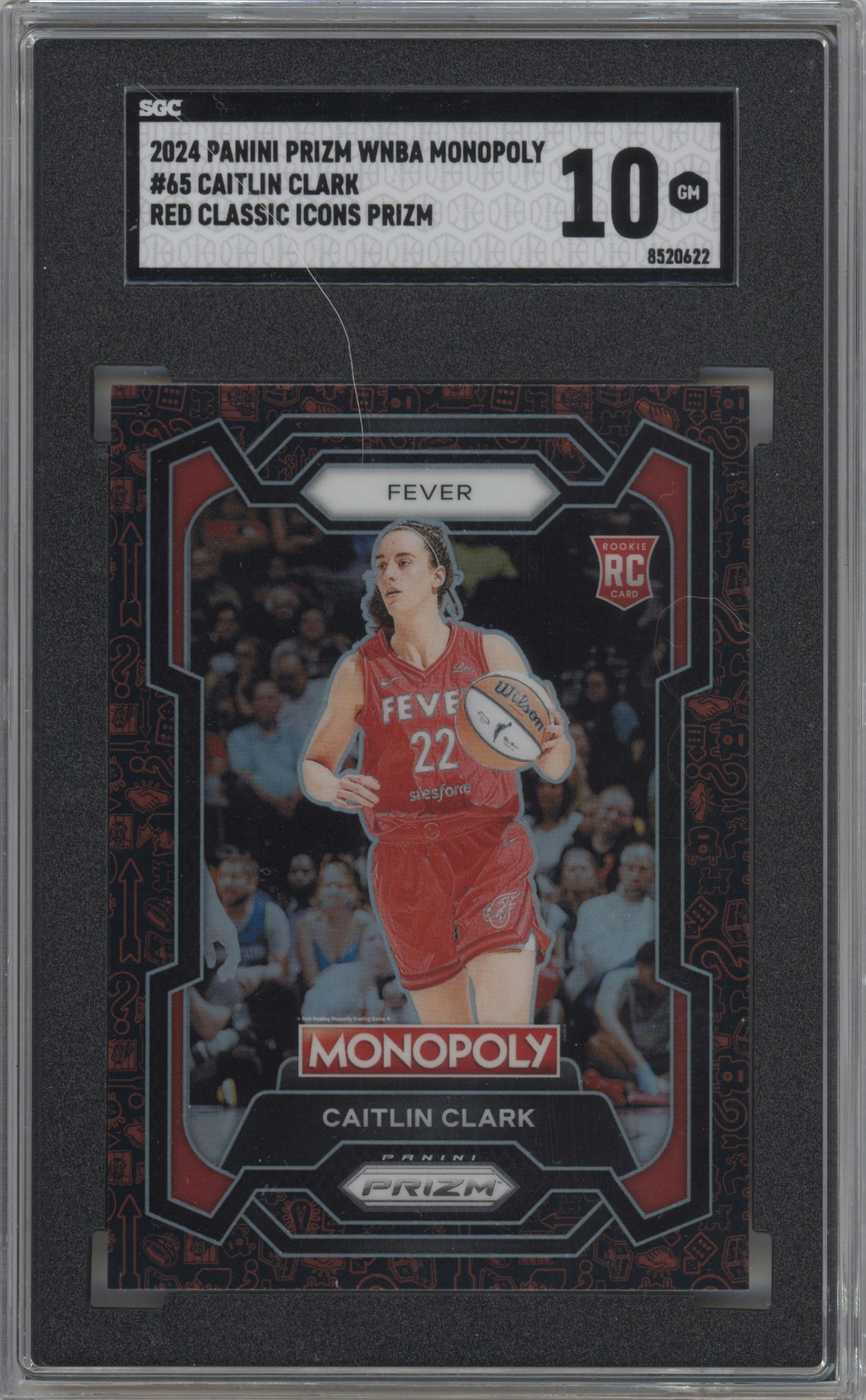 Caitlin Clark from the 2024 Panini Prizm Monopoly WNBA set featuring a Red Classic Icons  parallel graded by SGC and given an overall grade of 10.