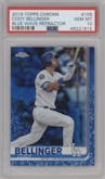 Cody Bellinger from the 2019 Topps Chrome set featuring a Blue Wave Refractor  parallel graded by PSA and given an overall grade of 10.