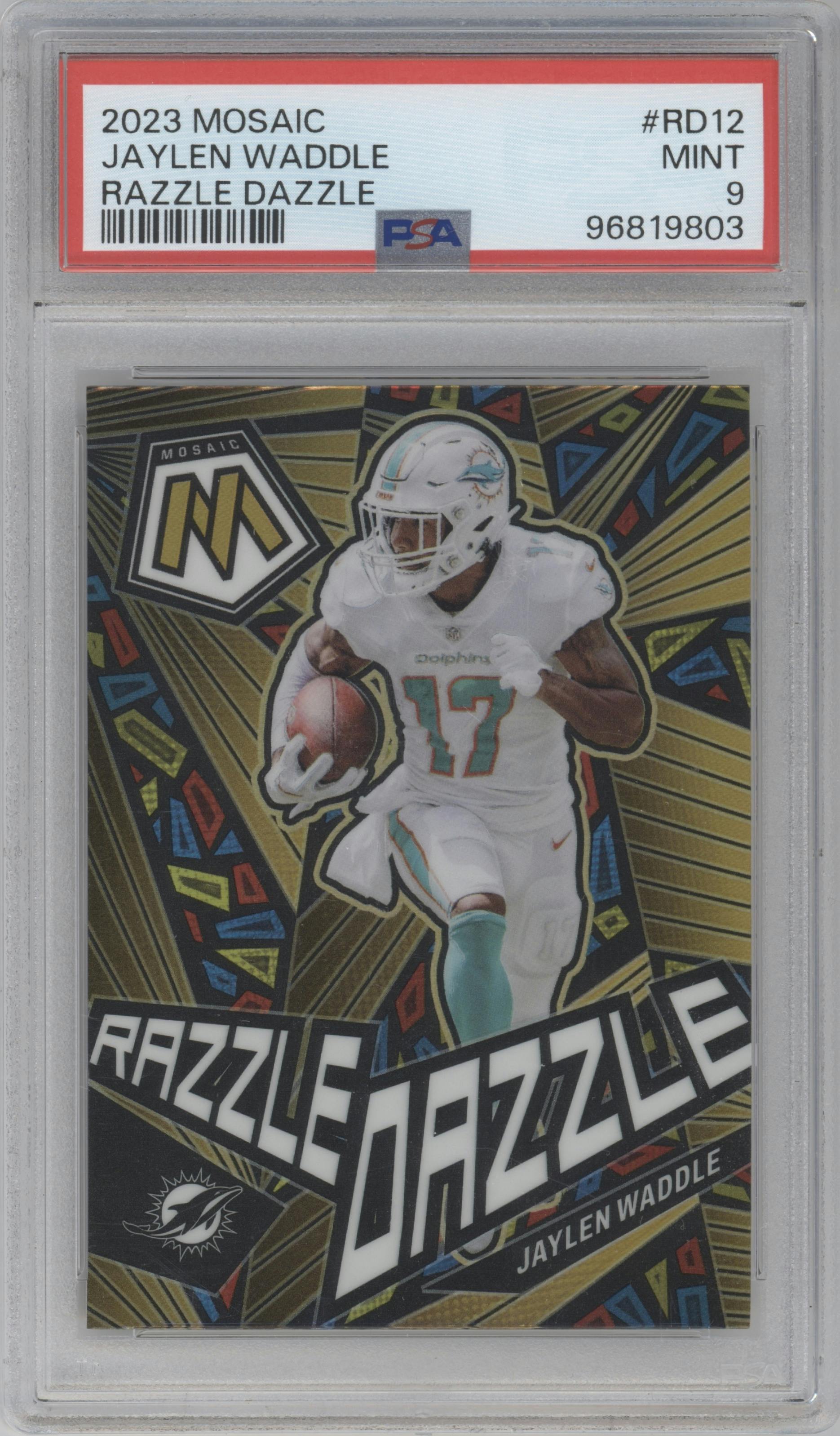 Jaylen Waddle from the 2023 Panini Mosaic set graded by PSA and given an overall grade of 9.