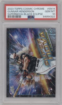Gunnar Henderson from the 2023 Topps Cosmic Chrome set featuring a Black Eclipse Refractor parallel graded by PSA and given an overall grade of 10.