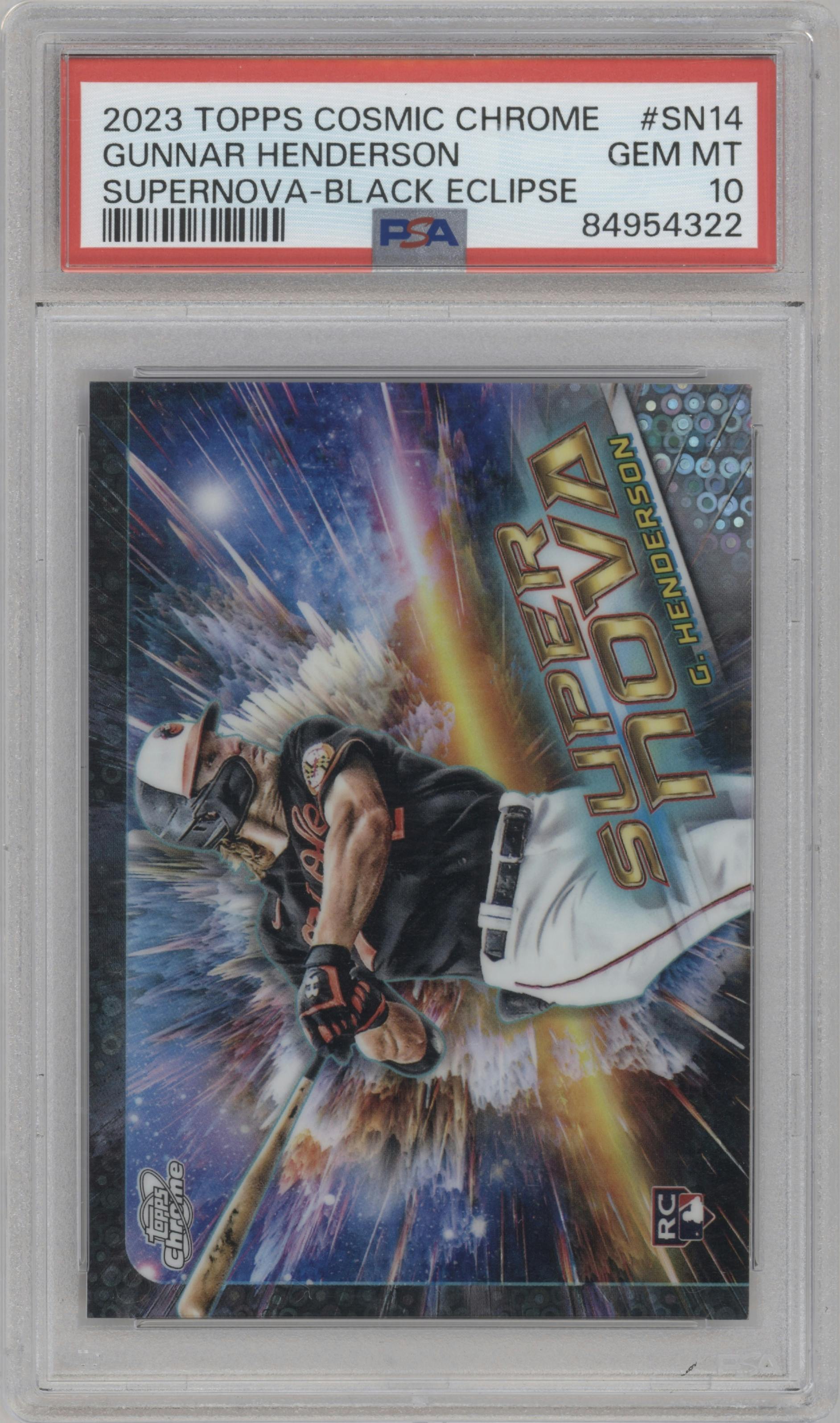 Gunnar Henderson from the 2023 Topps Cosmic Chrome set featuring a Black Eclipse Refractor parallel graded by PSA and given an overall grade of 10.
