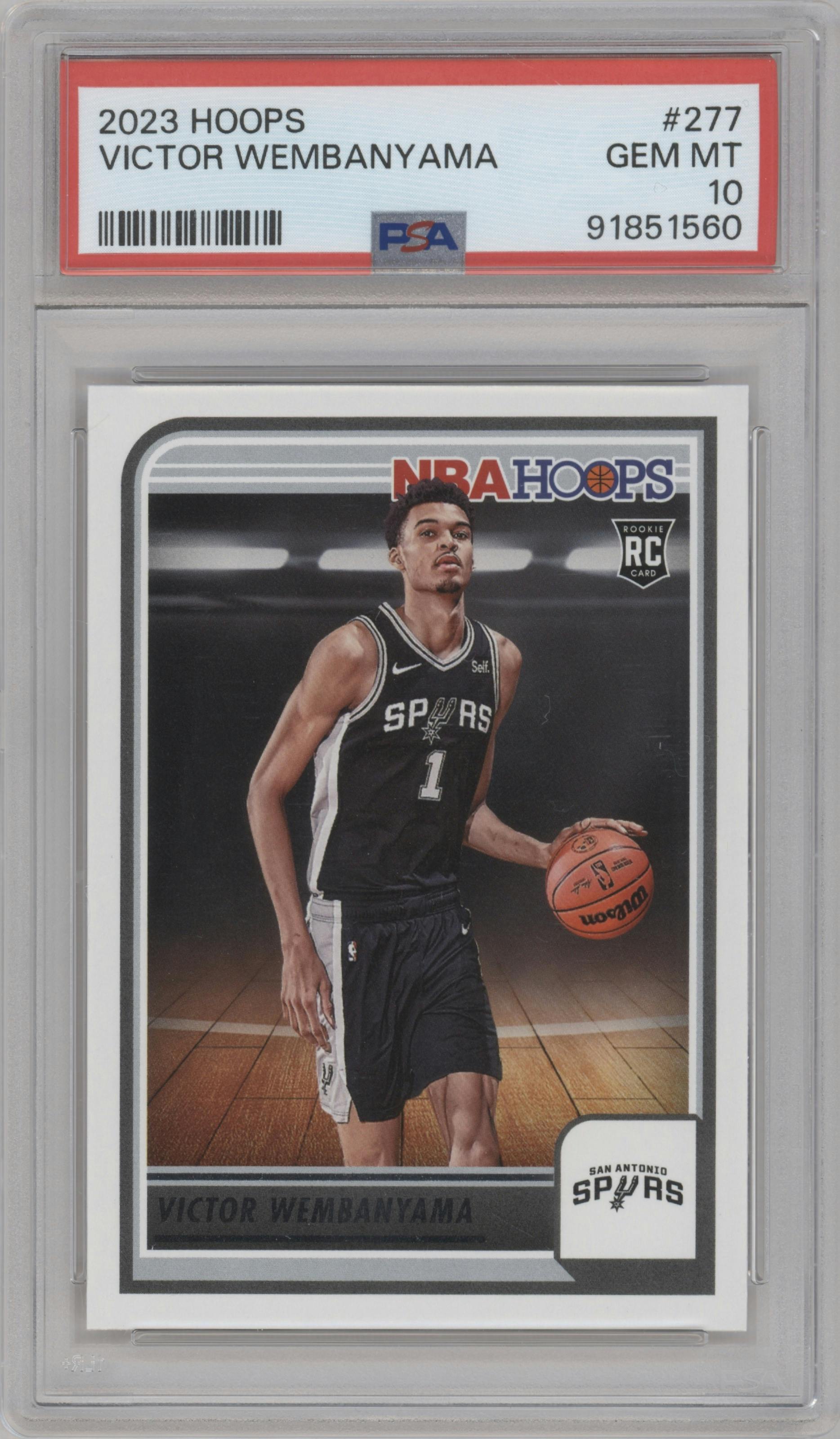 Victor Wembanyama from the 2023-24 Panini NBA Hoops set graded by PSA and given an overall grade of 10.