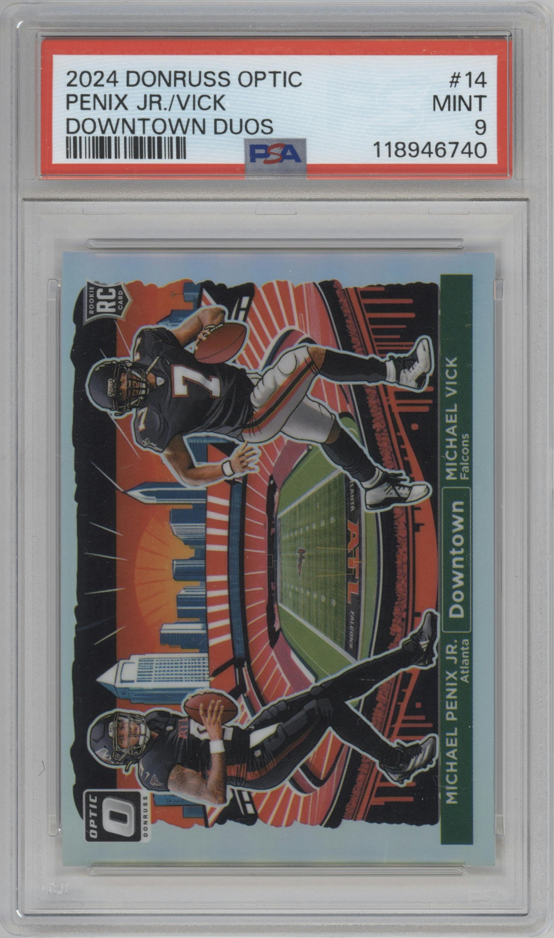 Michael Penix Jr./Michael Vick from the 2024 Donruss Optic set graded by PSA and given an overall grade of 9.