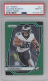 Saquon Barkley from the 2024 Panini Prizm set featuring a Green Prizm parallel graded by PSA and given an overall grade of 10.