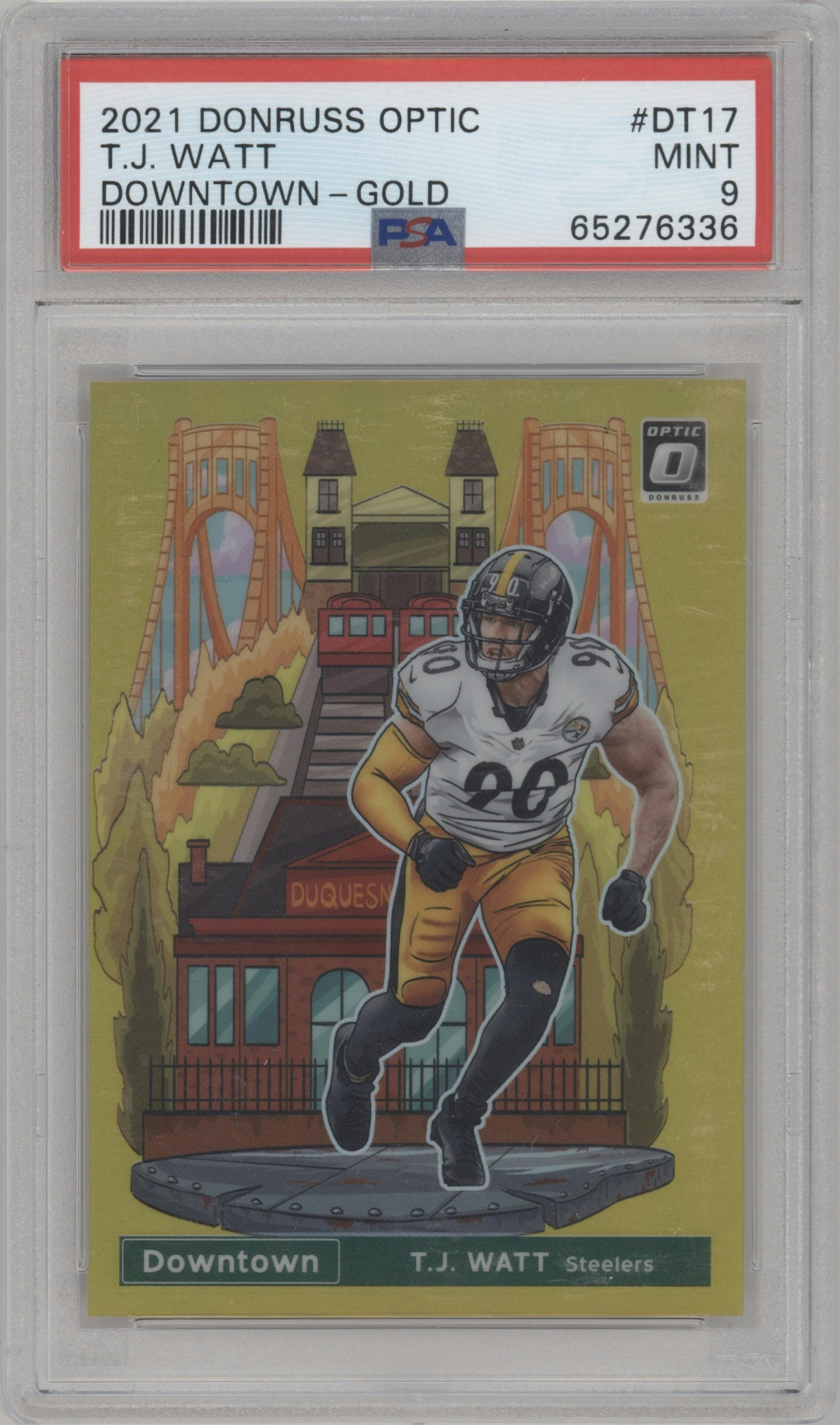 T.J. Watt from the 2021 Panini Donruss Optic set featuring a Gold parallel graded by PSA and given an overall grade of 9.