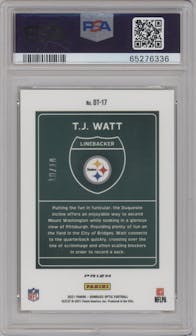 T.J. Watt from the 2021 Panini Donruss Optic set featuring a Gold parallel graded by PSA and given an overall grade of 9.