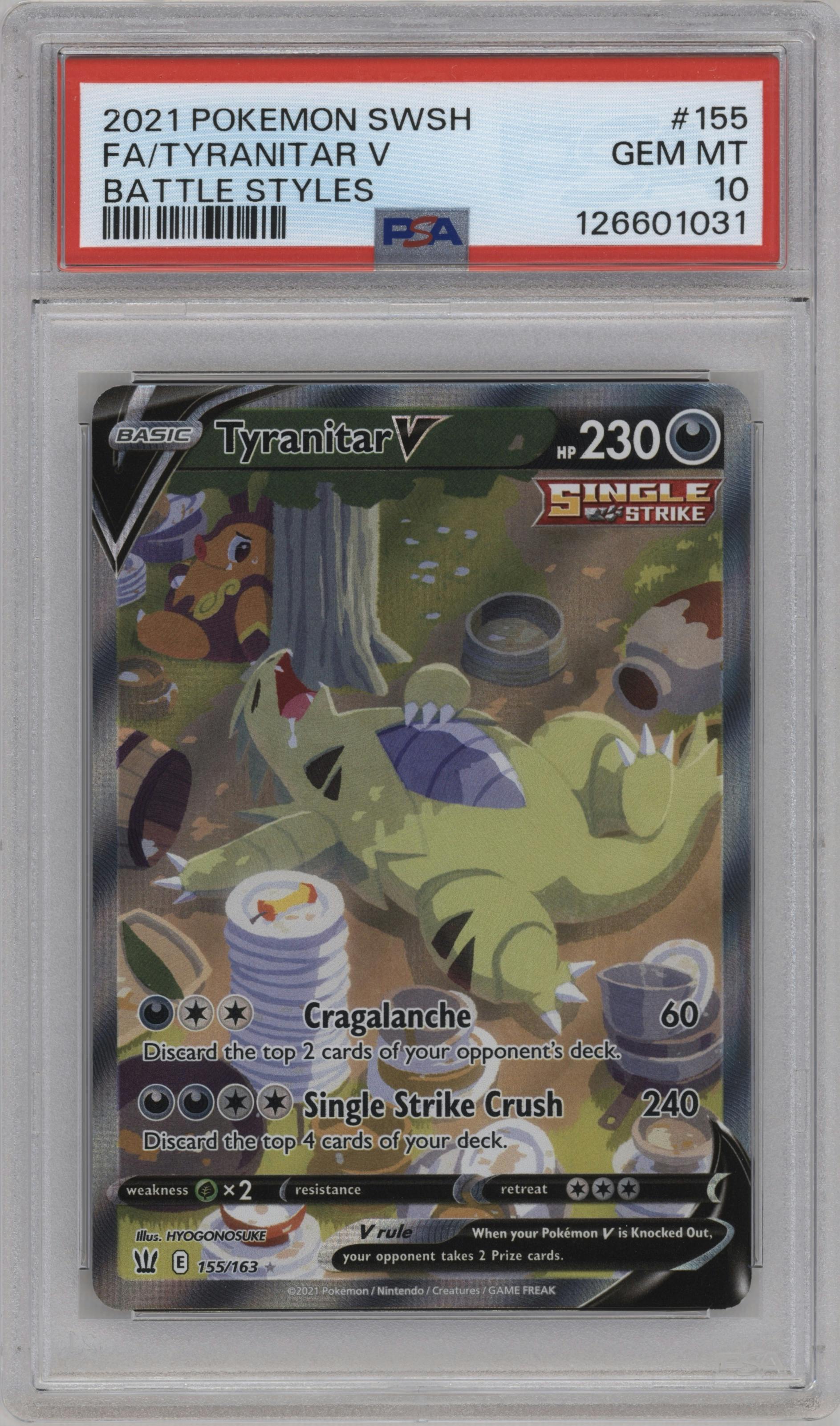 Tyranitar V from the 2021 Pokemon SWSH set graded by PSA and given an overall grade of 10.