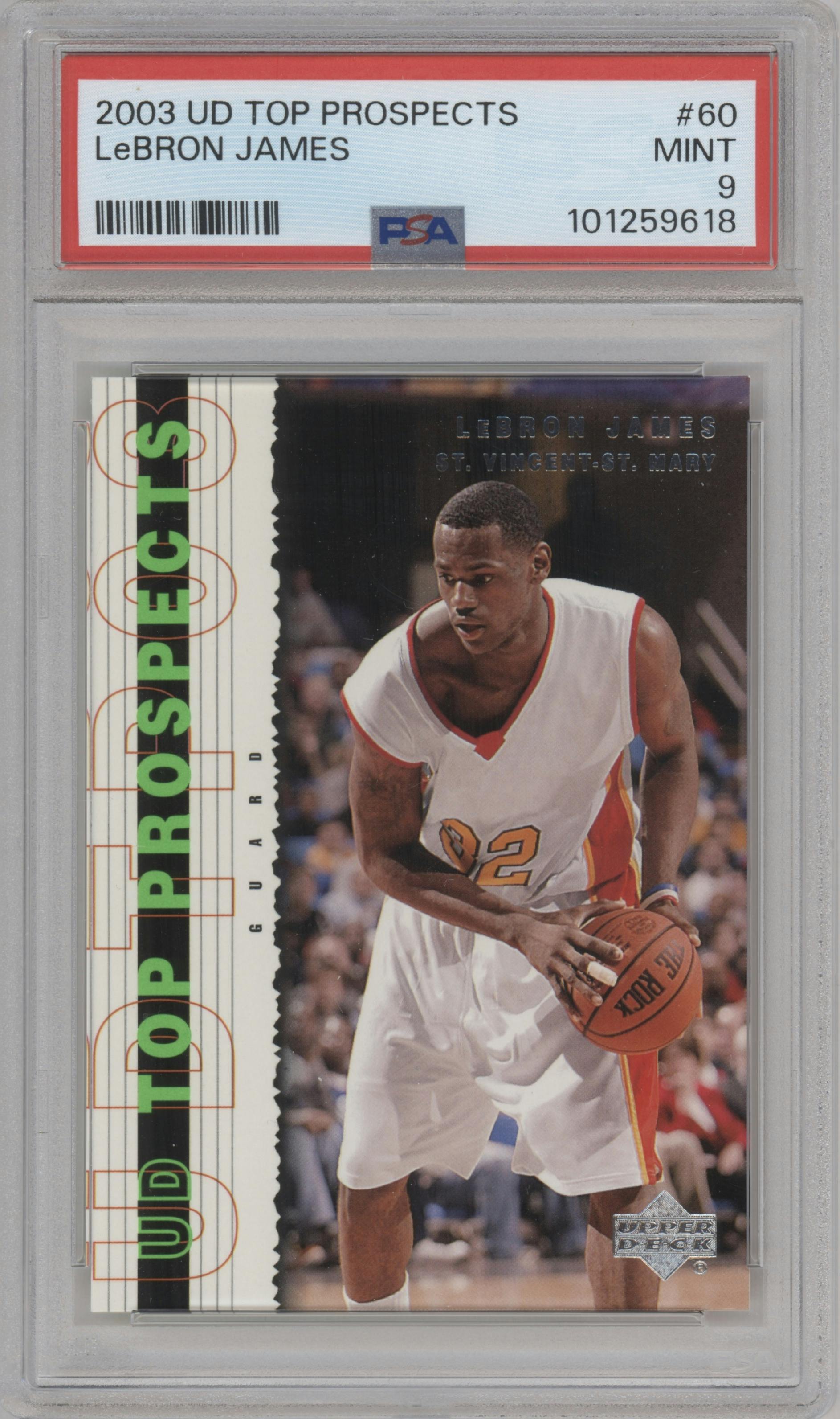 LeBron James from the 2003-04 Upper Deck Top Prospects  set graded by PSA and given an overall grade of 9.