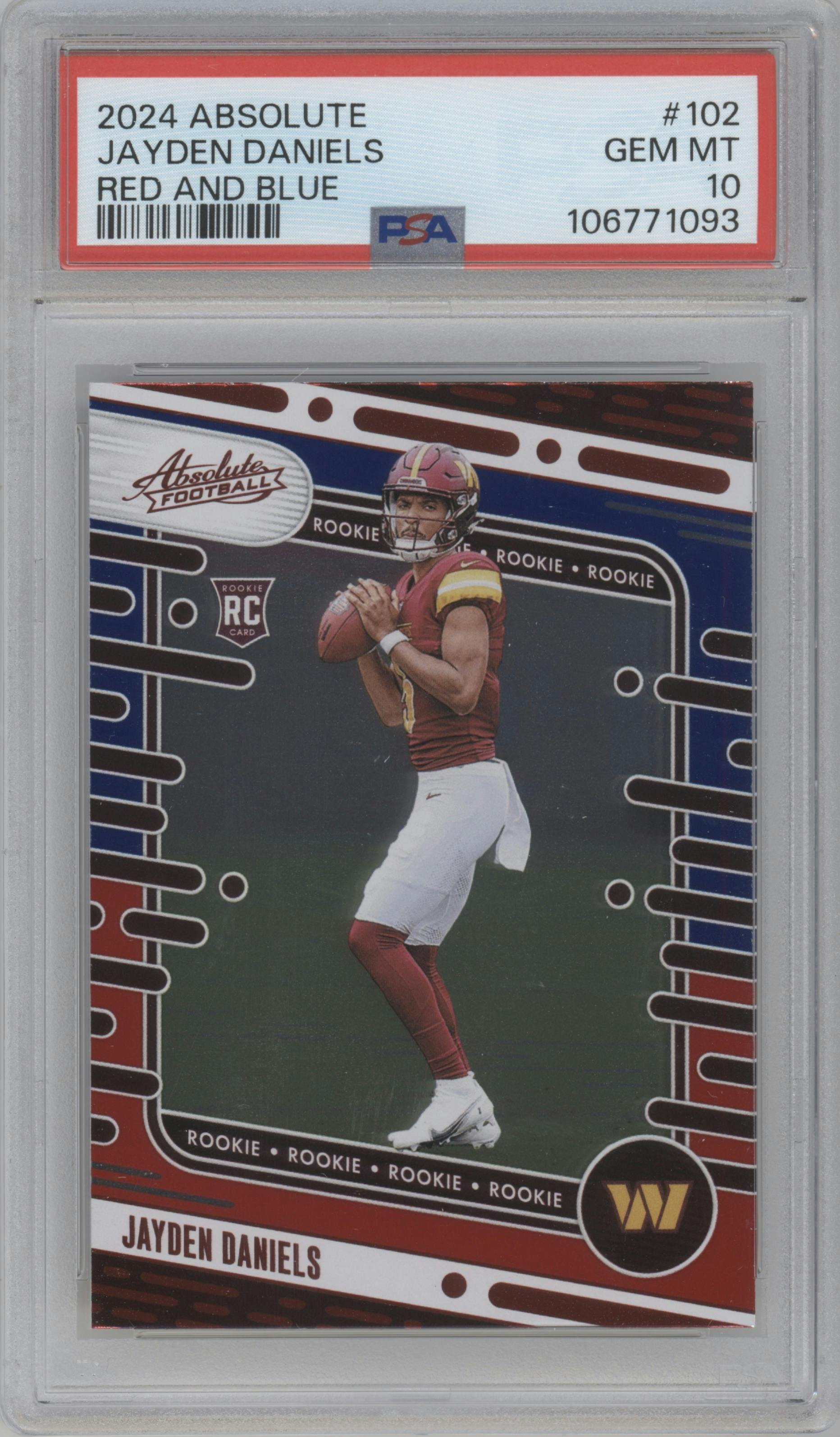 Jayden Daniels from the 2024 Panini Absolute set featuring a Red & Blue parallel graded by PSA and given an overall grade of 10.