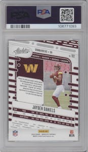 Jayden Daniels from the 2024 Panini Absolute set featuring a Red & Blue parallel graded by PSA and given an overall grade of 10.