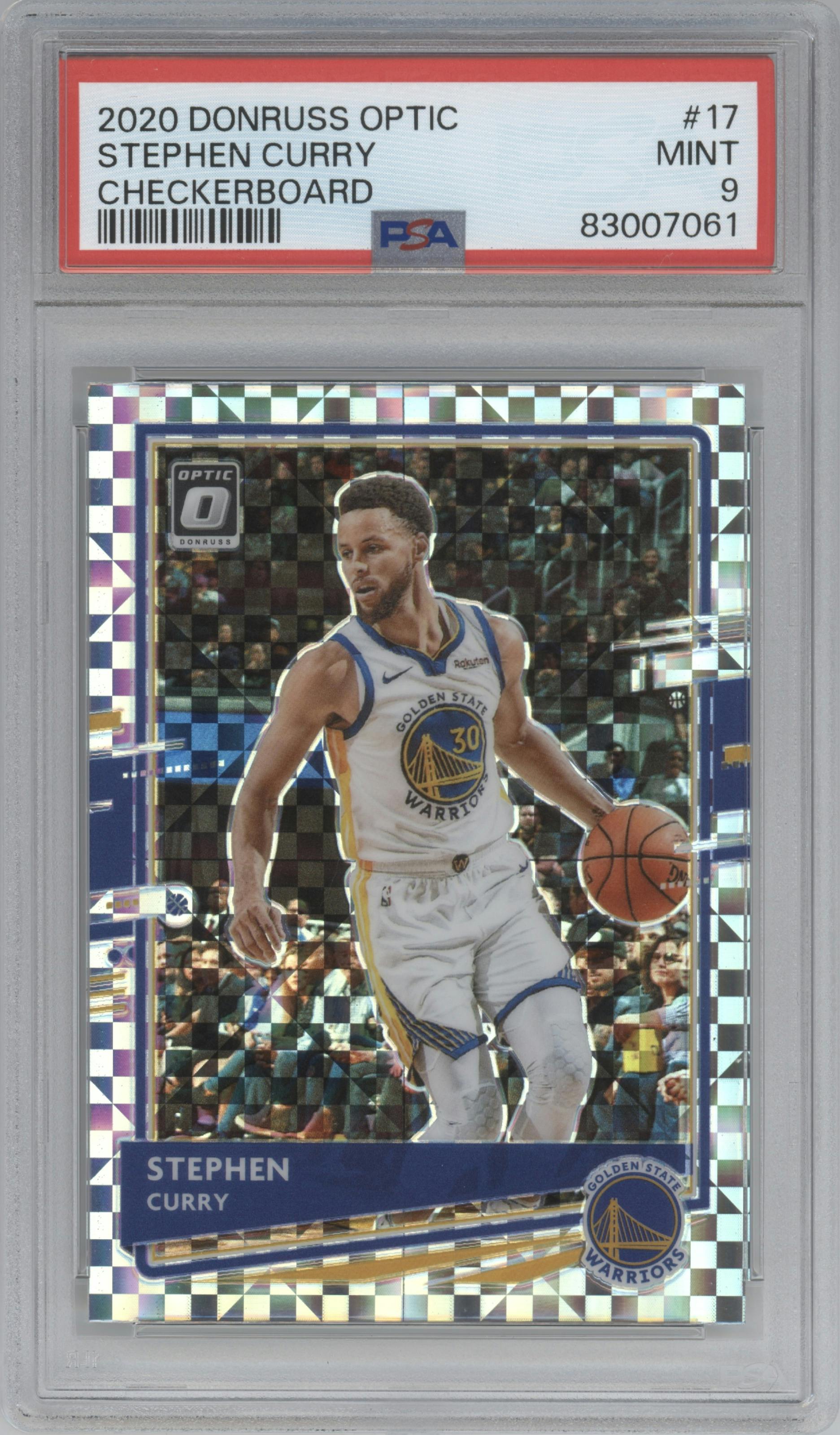 Stephen Curry from the 2020-21 Panini Donruss Optic set featuring a Checkerboard parallel graded by PSA and given an overall grade of 9.