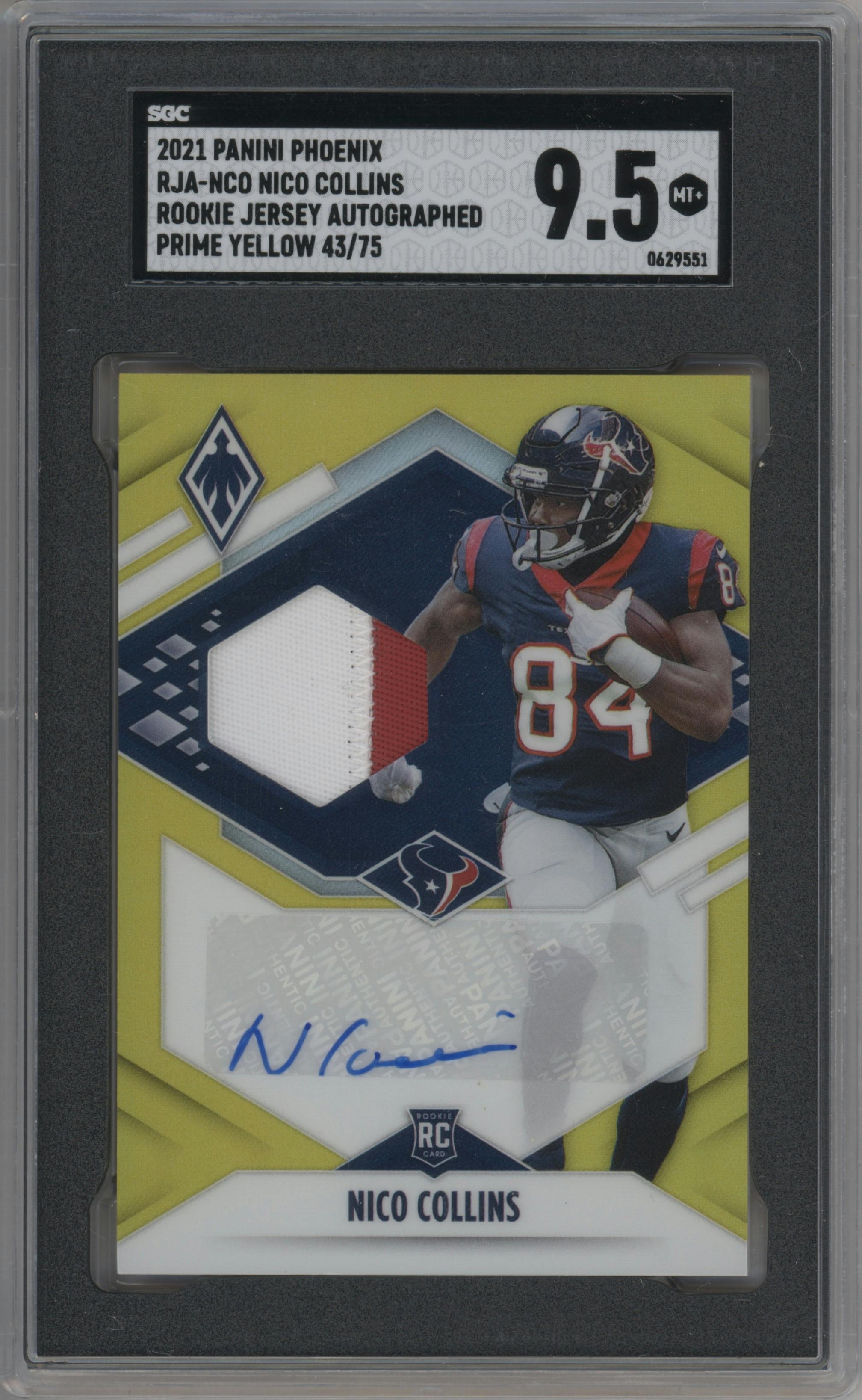 Nico Collins from the 2021 Panini Phoenix set featuring a Prime Yellow parallel graded by SGC and given an overall grade of 9.5.