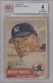 Mickey Mantle from the 1953 Topps set graded by Beckett and given an overall grade of 4.