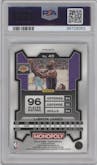 LeBron James from the 2023-24 Panini Prizm Monopoly set featuring a Purple  parallel graded by PSA and given an overall grade of 9.