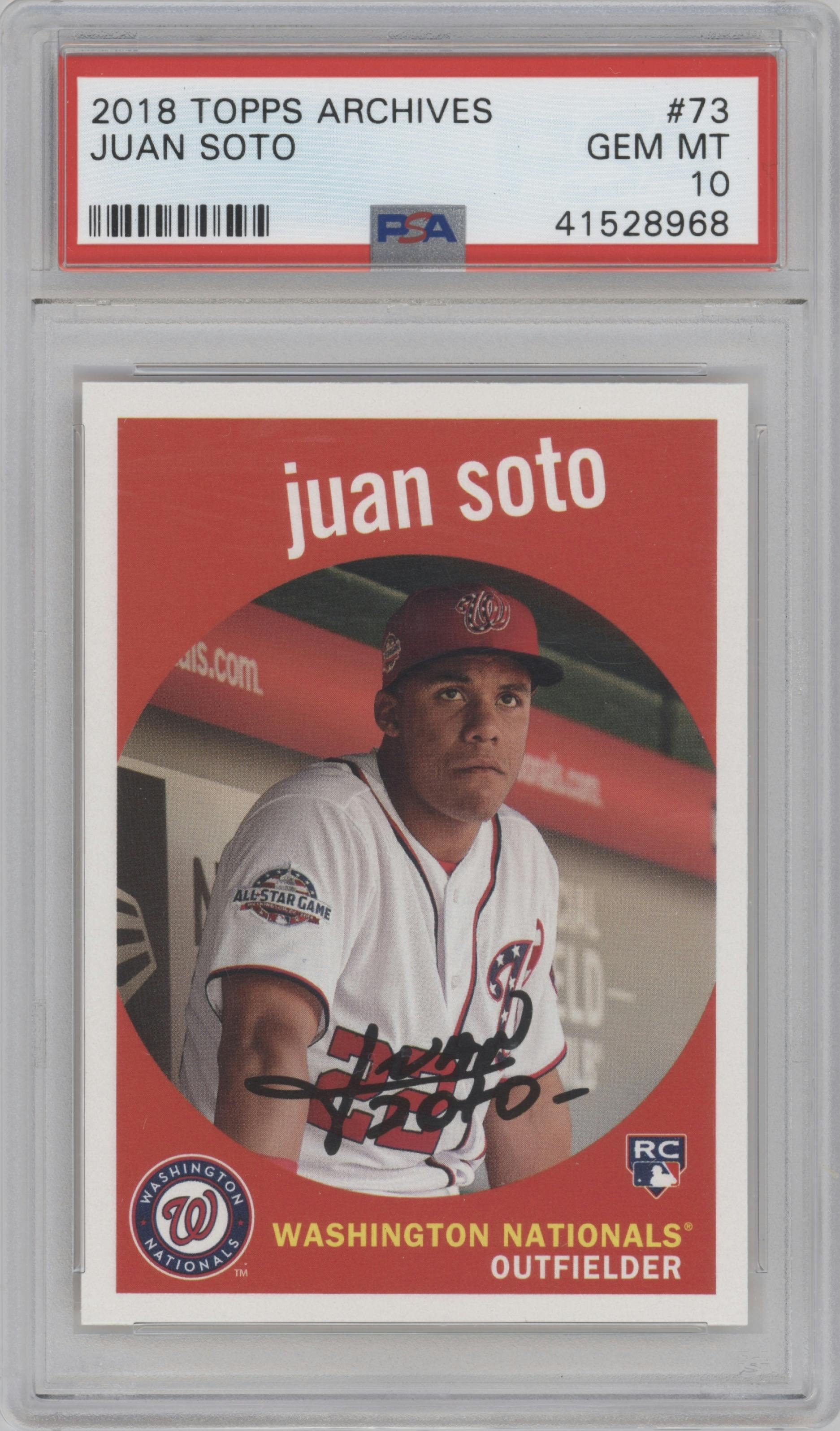 Juan Soto from the 2018 Topps Archives set graded by PSA and given an overall grade of 10.