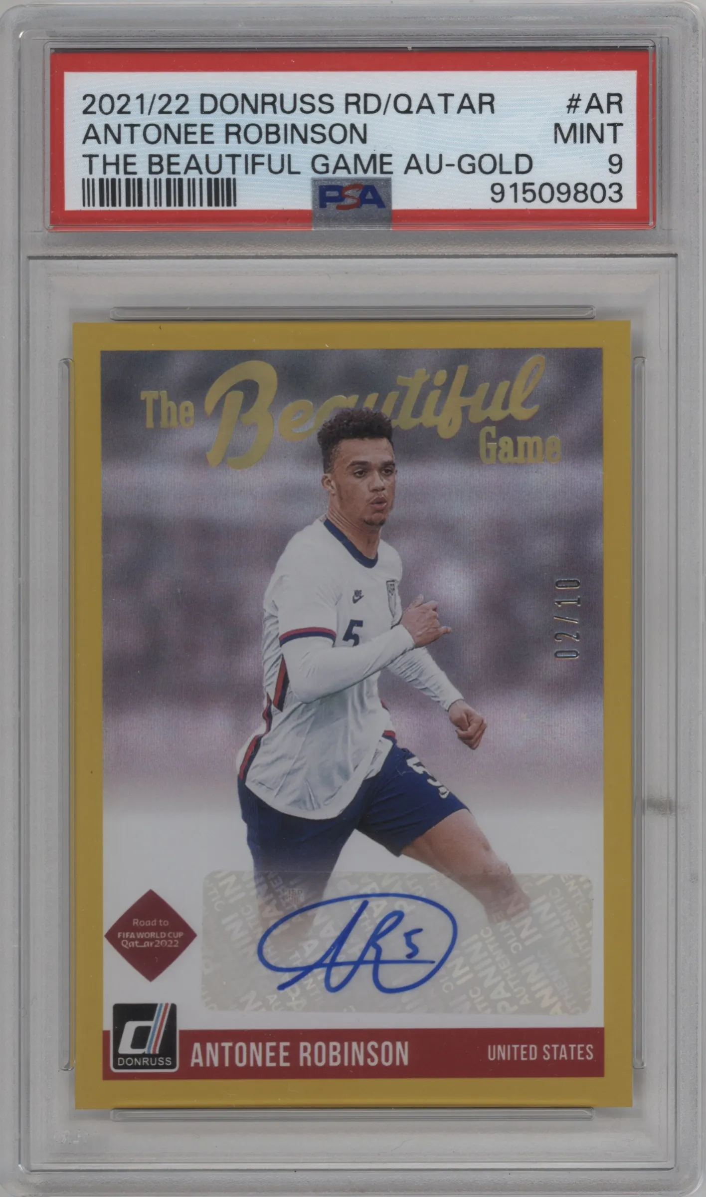 2021 Panini Donruss Road to Qatar The Beaut.Game Auto Antonee Robinson Gold #BG-AR PSA 9