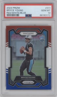 Bryce Young from the 2023 Panini Prizm set featuring a Red/White/Blue parallel graded by PSA and given an overall grade of 10.