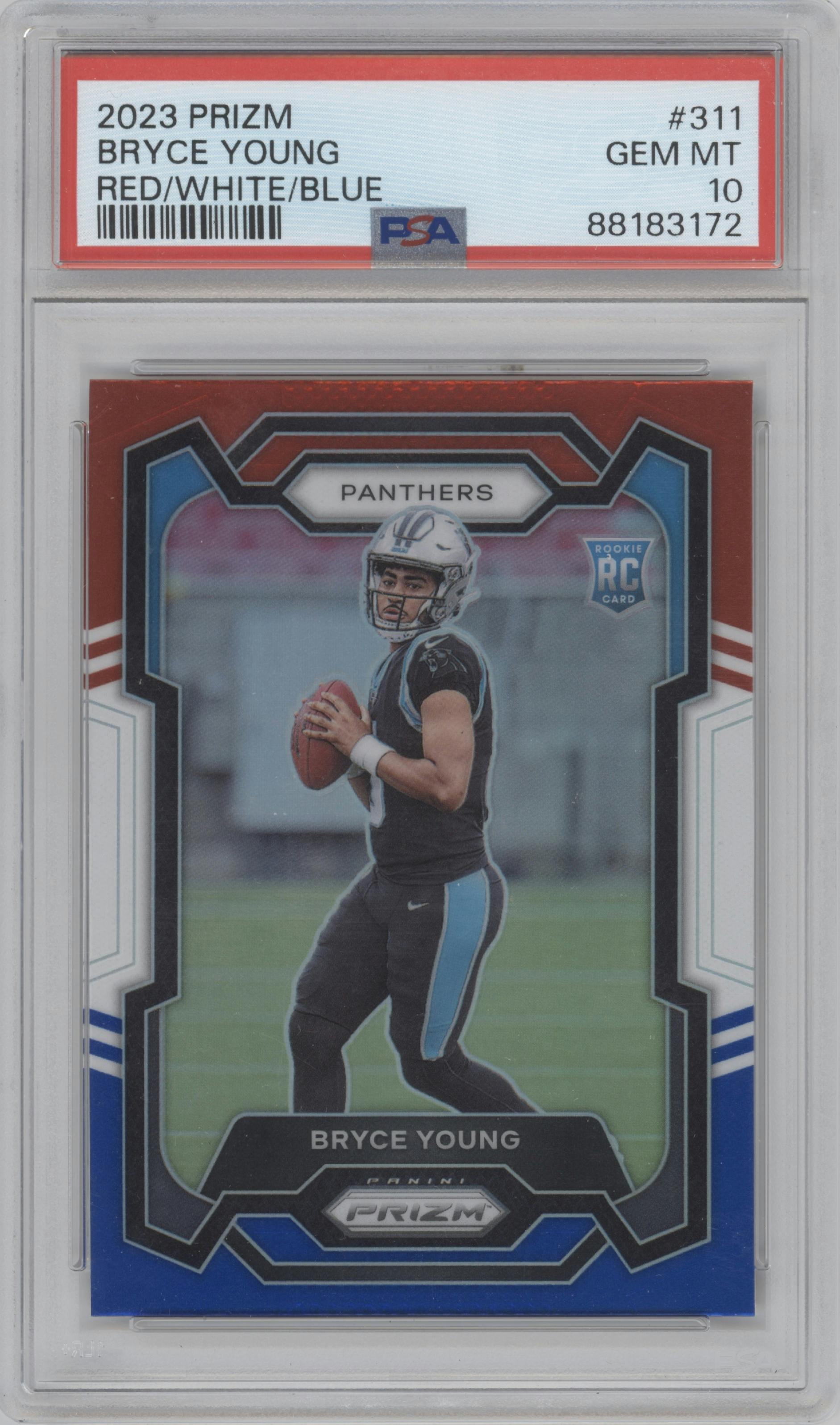 Bryce Young from the 2023 Panini Prizm set featuring a Red/White/Blue parallel graded by PSA and given an overall grade of 10.