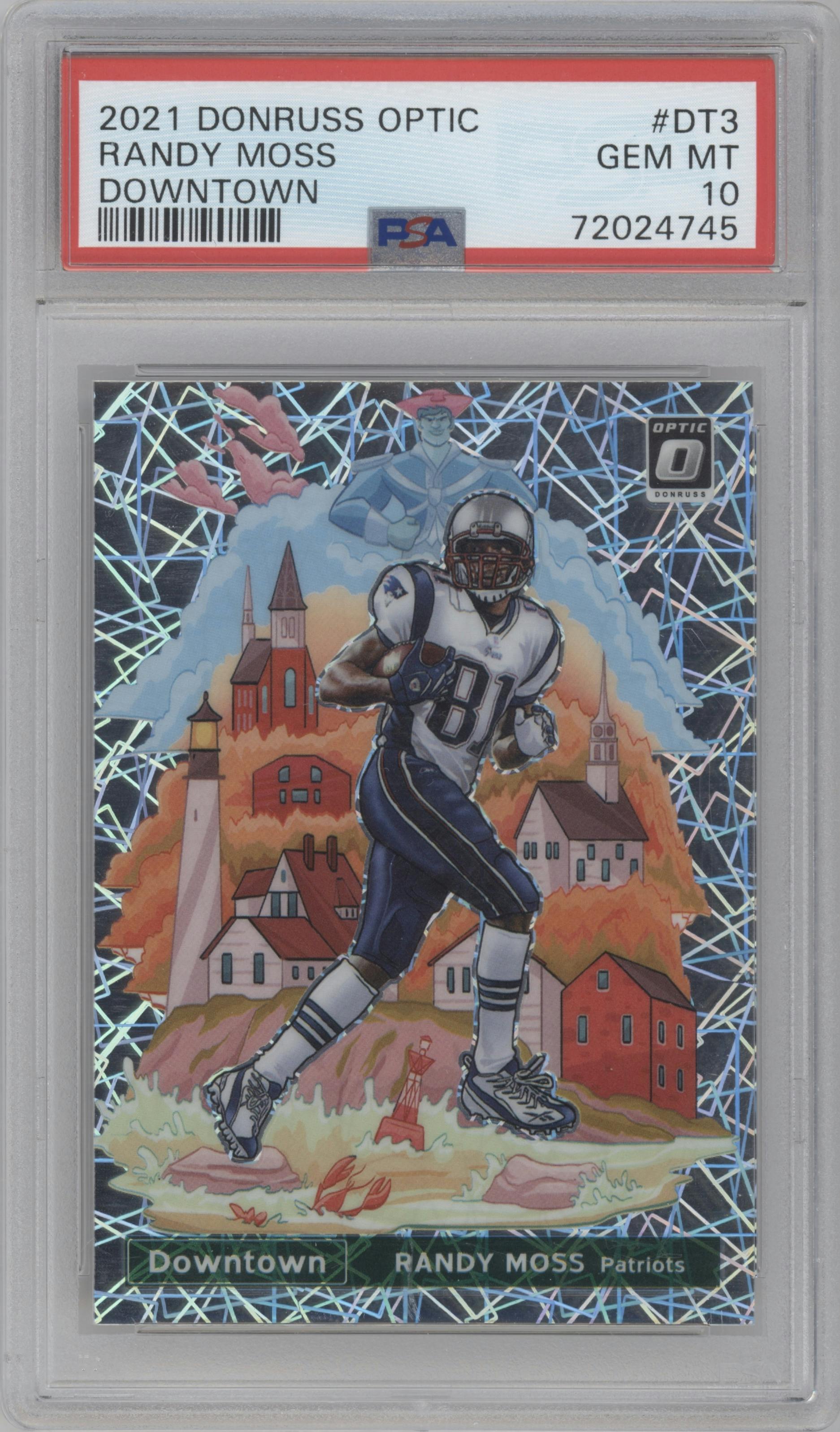 Randy Moss from the 2021 Panini Donruss Optic set graded by PSA and given an overall grade of 10.
