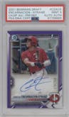 Christian Encarnacion-Strand from the 2021 Bowman Draft set featuring a Purple Refractor parallel graded by PSA and given an overall grade of 9.