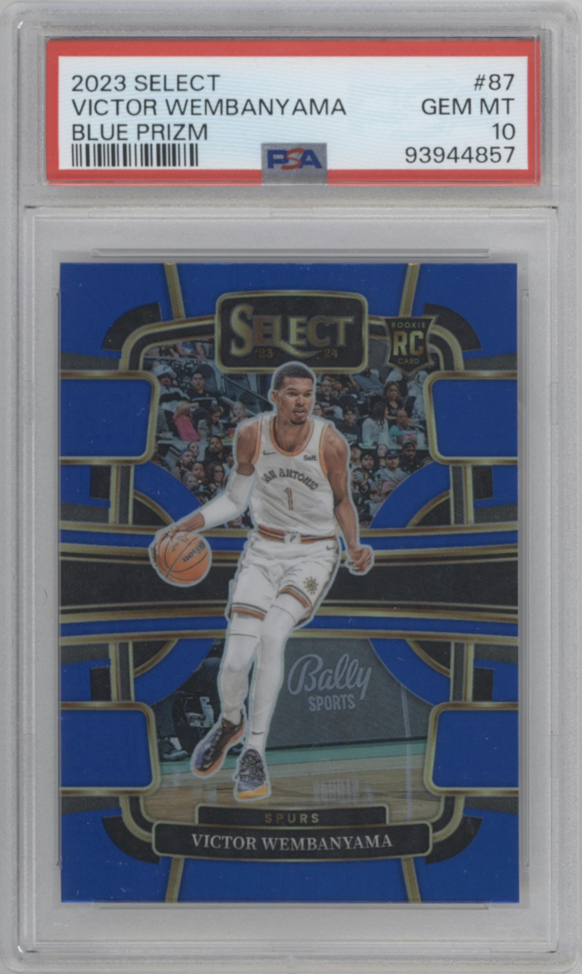 Victor Wembanyama from the 2023-24 Panini Select  set featuring a Blue Prizm parallel graded by PSA and given an overall grade of 10.