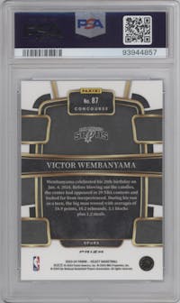 Victor Wembanyama from the 2023-24 Panini Select  set featuring a Blue Prizm parallel graded by PSA and given an overall grade of 10.