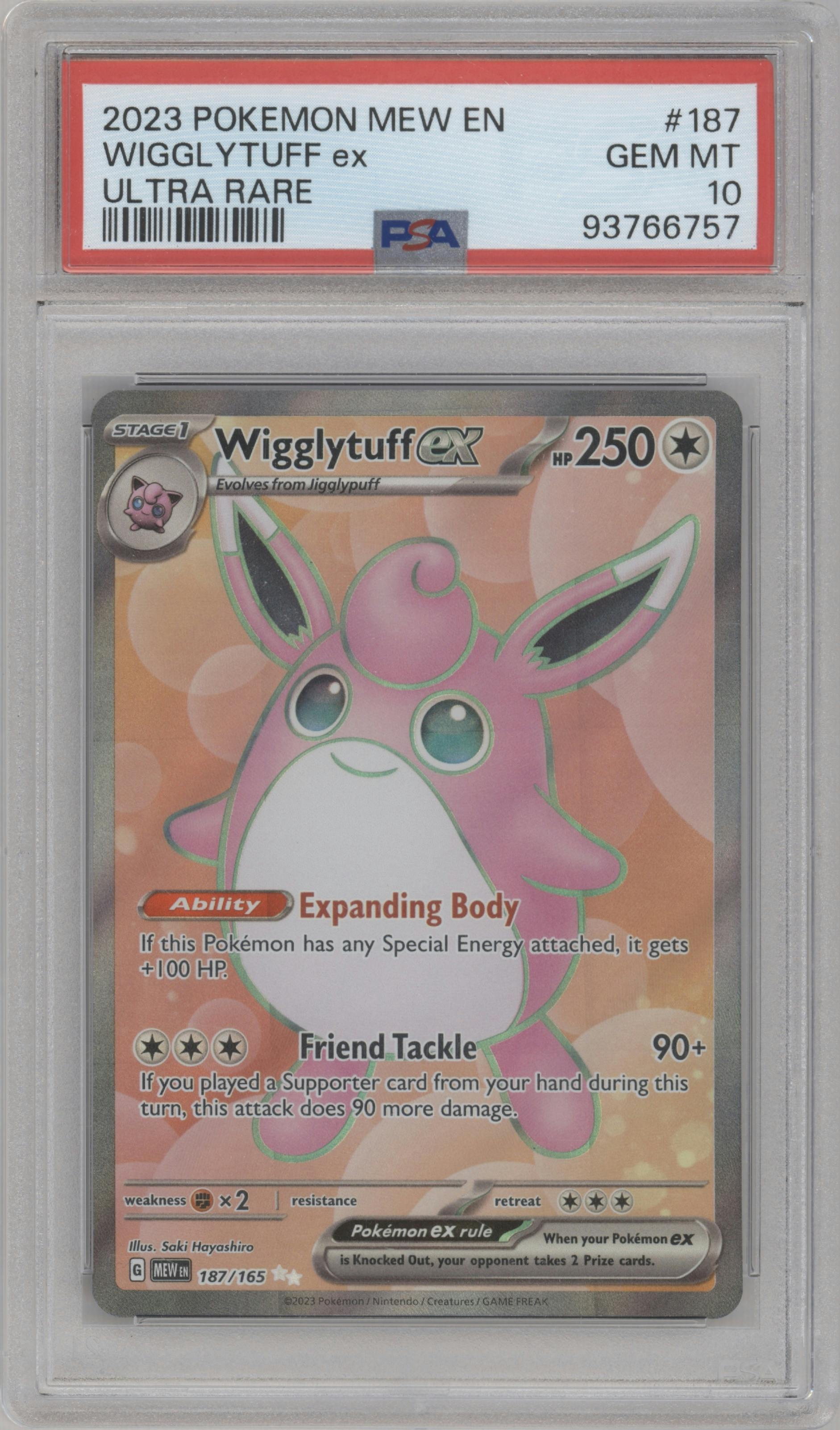 Wigglytuff ex from the 2023 Pokemon SV set graded by PSA and given an overall grade of 10.