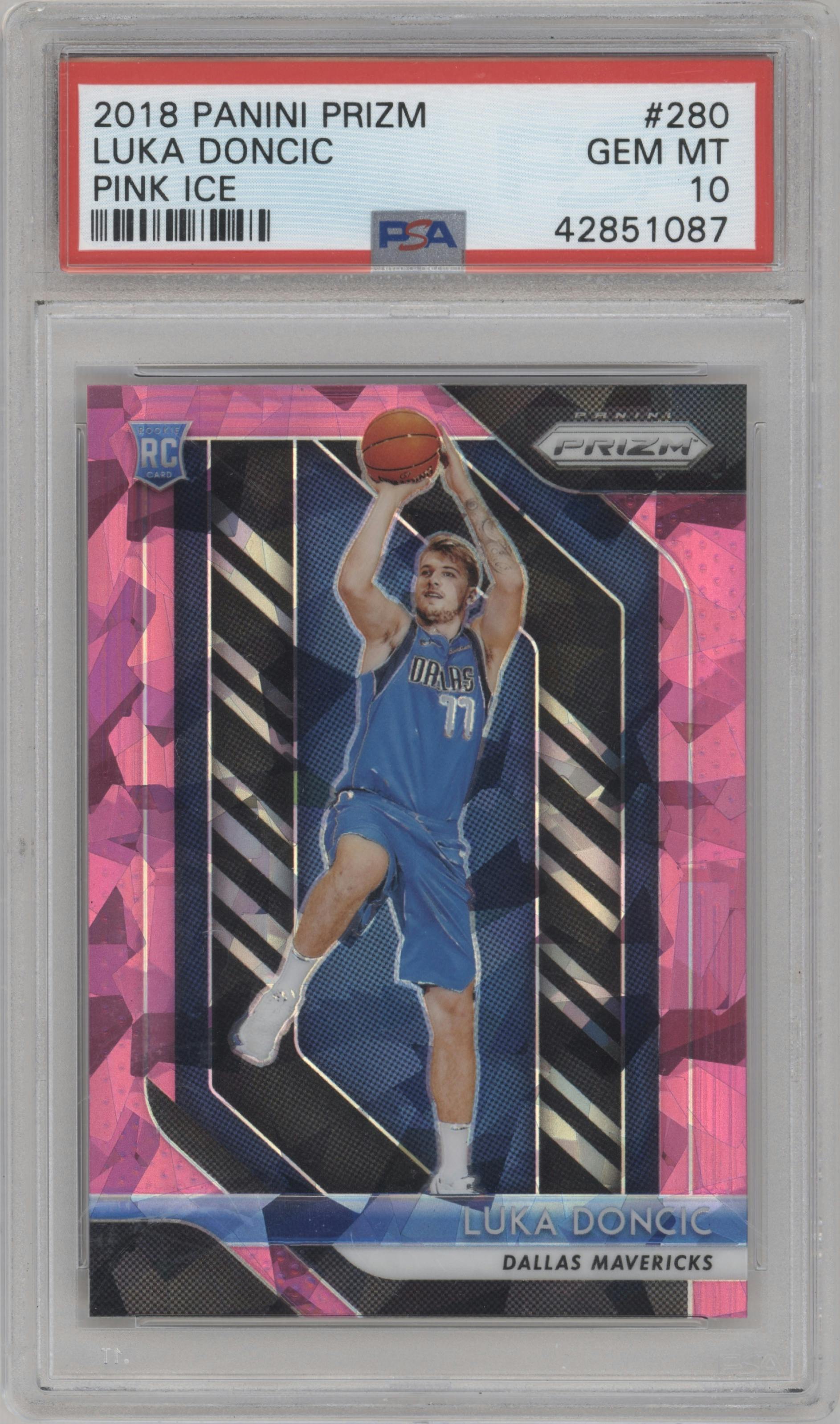 Luka Doncic from the 2018-19 Panini Prizm set featuring a Pink Ice parallel graded by PSA and given an overall grade of 10.
