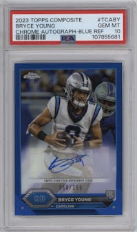 Bryce Young from the 2023 Topps Composite set featuring a Blue Refractor parallel graded by PSA and given an overall grade of 10.