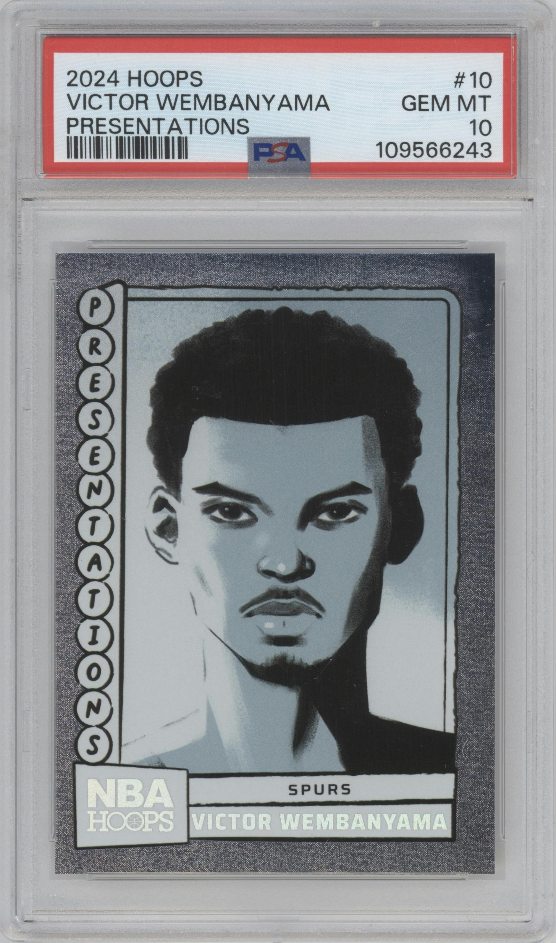 Victor Wembanyama from the 2024-25 Panini NBA Hoops set graded by PSA and given an overall grade of 10.