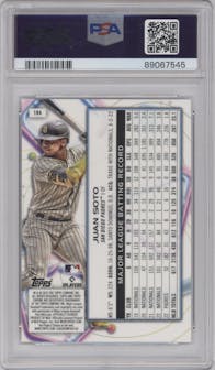 Juan Soto from the 2023 Topps Cosmic Chrome set featuring a Nucleus Refractor parallel graded by PSA and given an overall grade of 10.