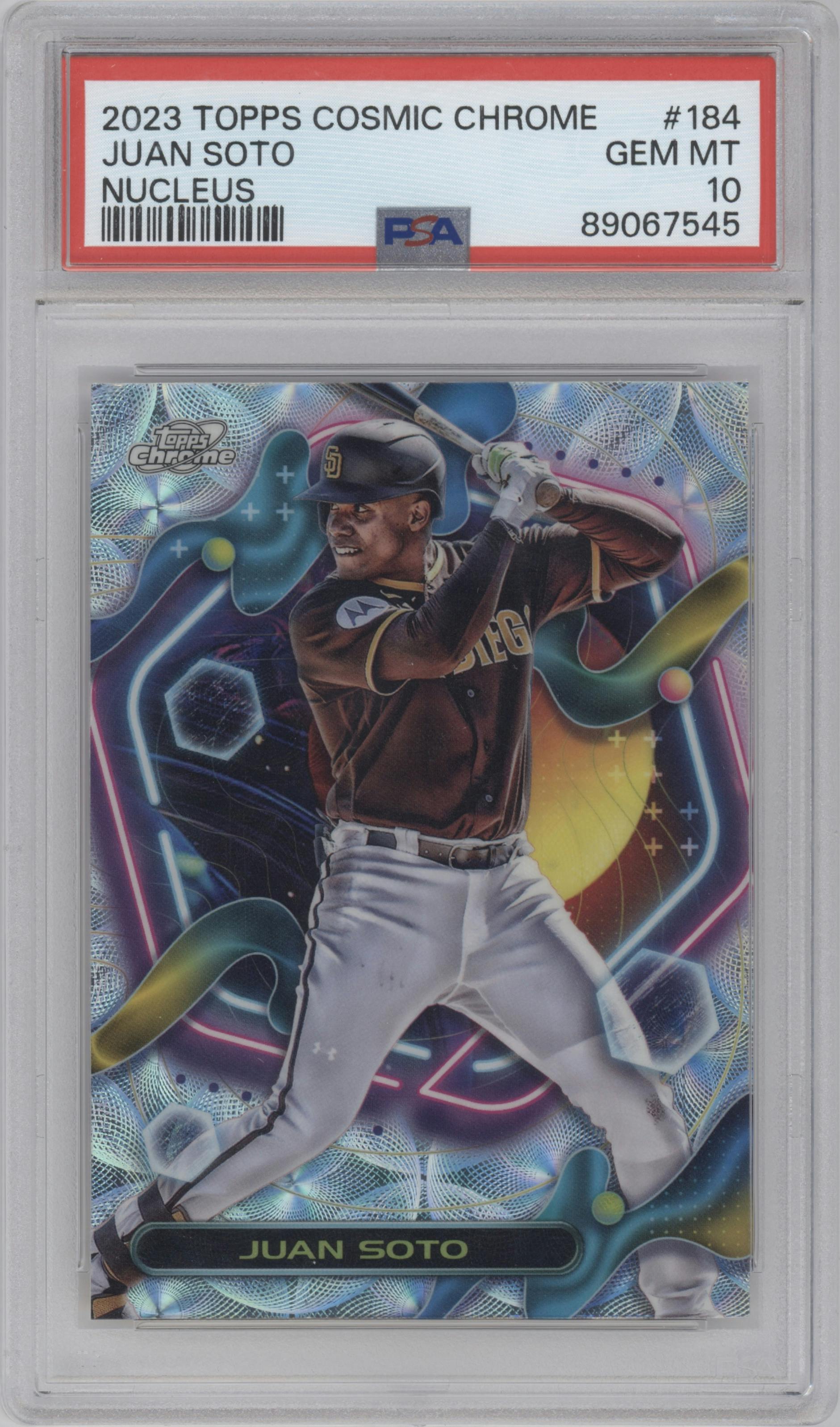 Juan Soto from the 2023 Topps Cosmic Chrome set featuring a Nucleus Refractor parallel graded by PSA and given an overall grade of 10.