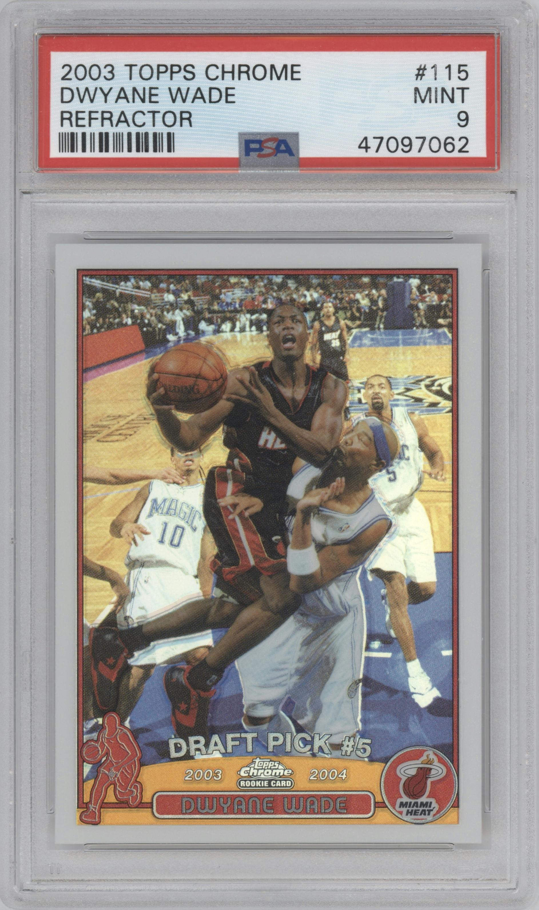 Dwyane Wade from the 2003-04 Topps Chrome set featuring a Refractor parallel graded by PSA and given an overall grade of 9.